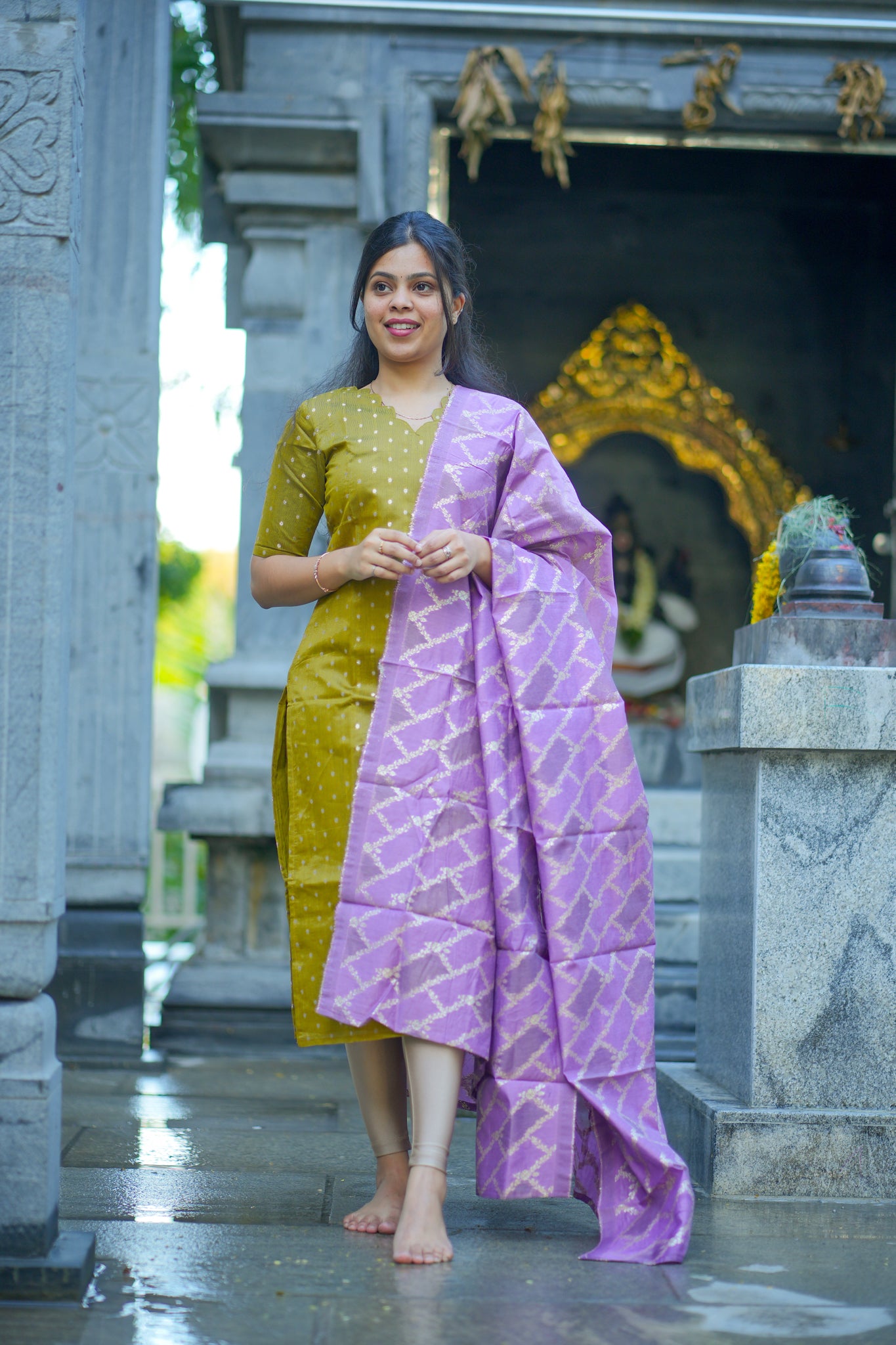 AA104 Mustard  Raw Silk Kurti with lavender Brocade Dupatta (Festive wear)