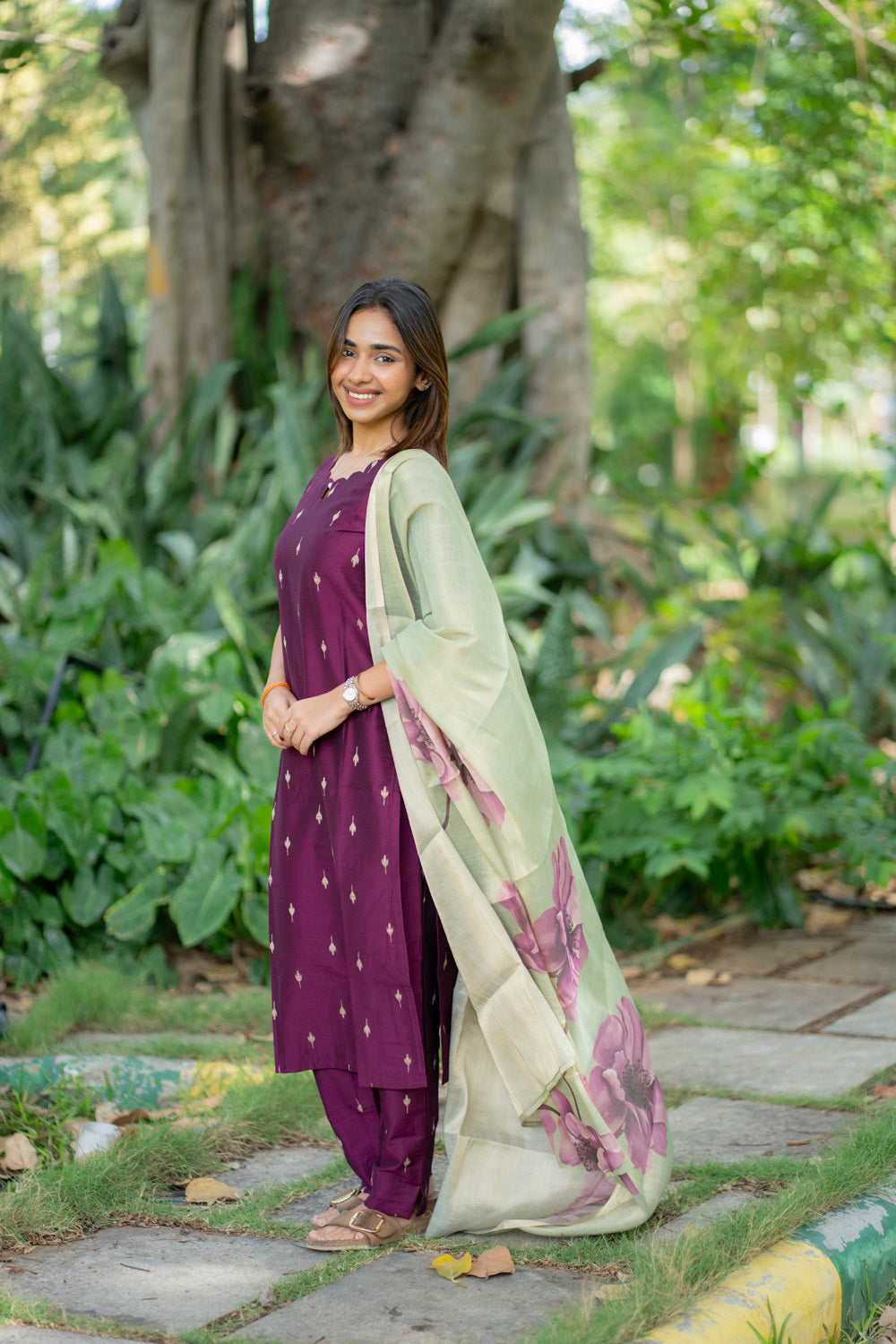 AA291 Wine Purple Raw Silk Top & Pant With pastel Green Tissue Silk Floral Dupatta