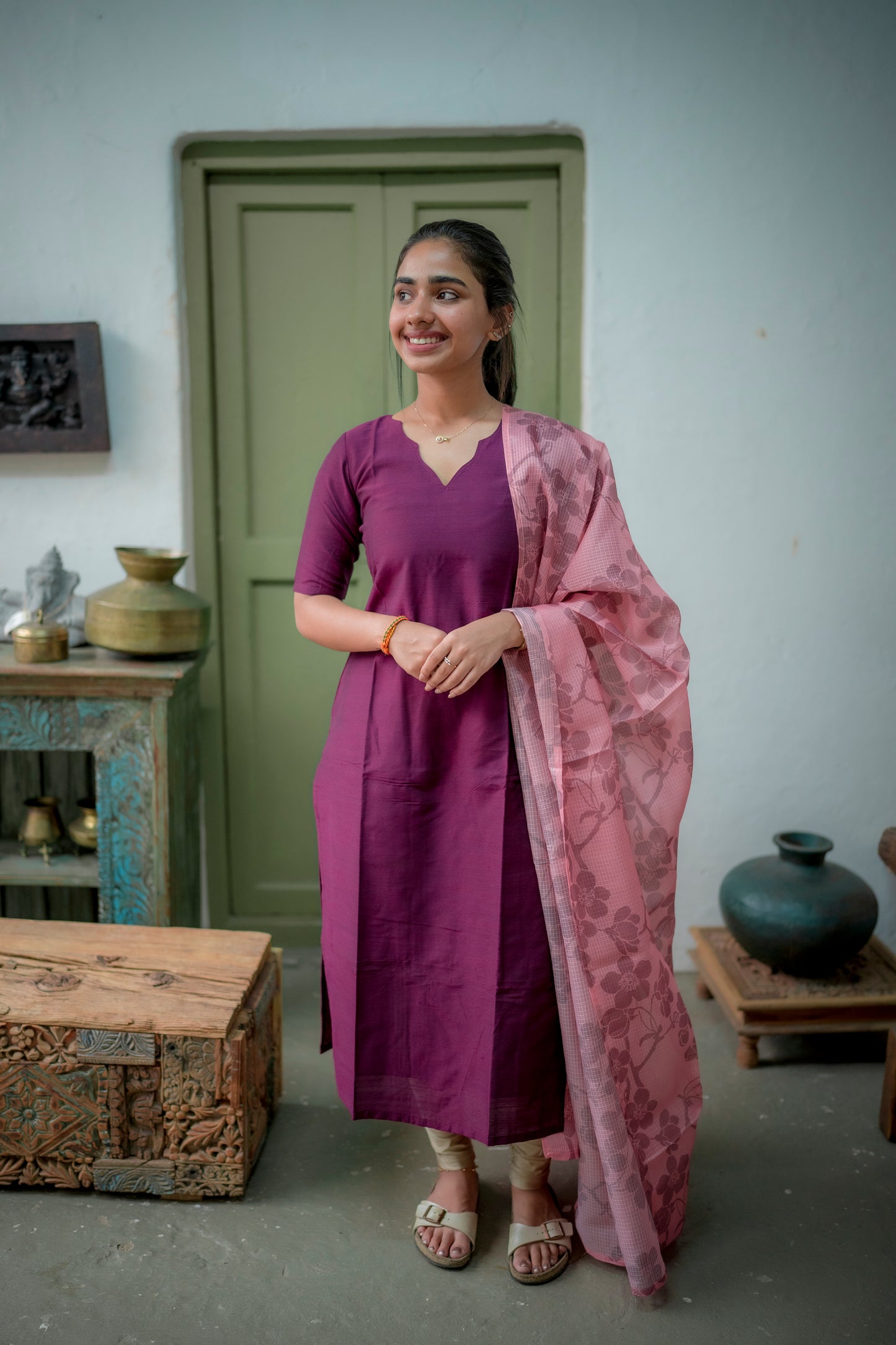 AA076 Magenta Purple Raw Silk Kurti with Kota Dupatta