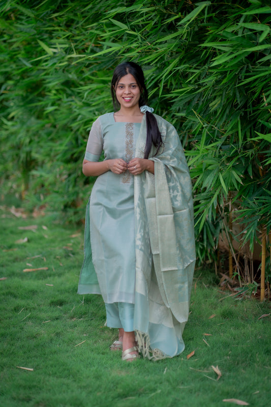 AA051 Turquoise Tissue Silk Salwar 3 Pc Set