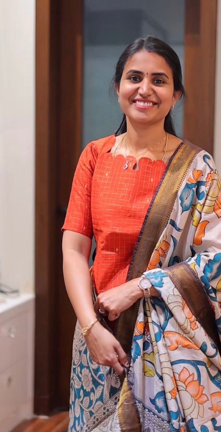 AA177 Rust Orange Raw Silk Kurti With Kalmkari Dupatta