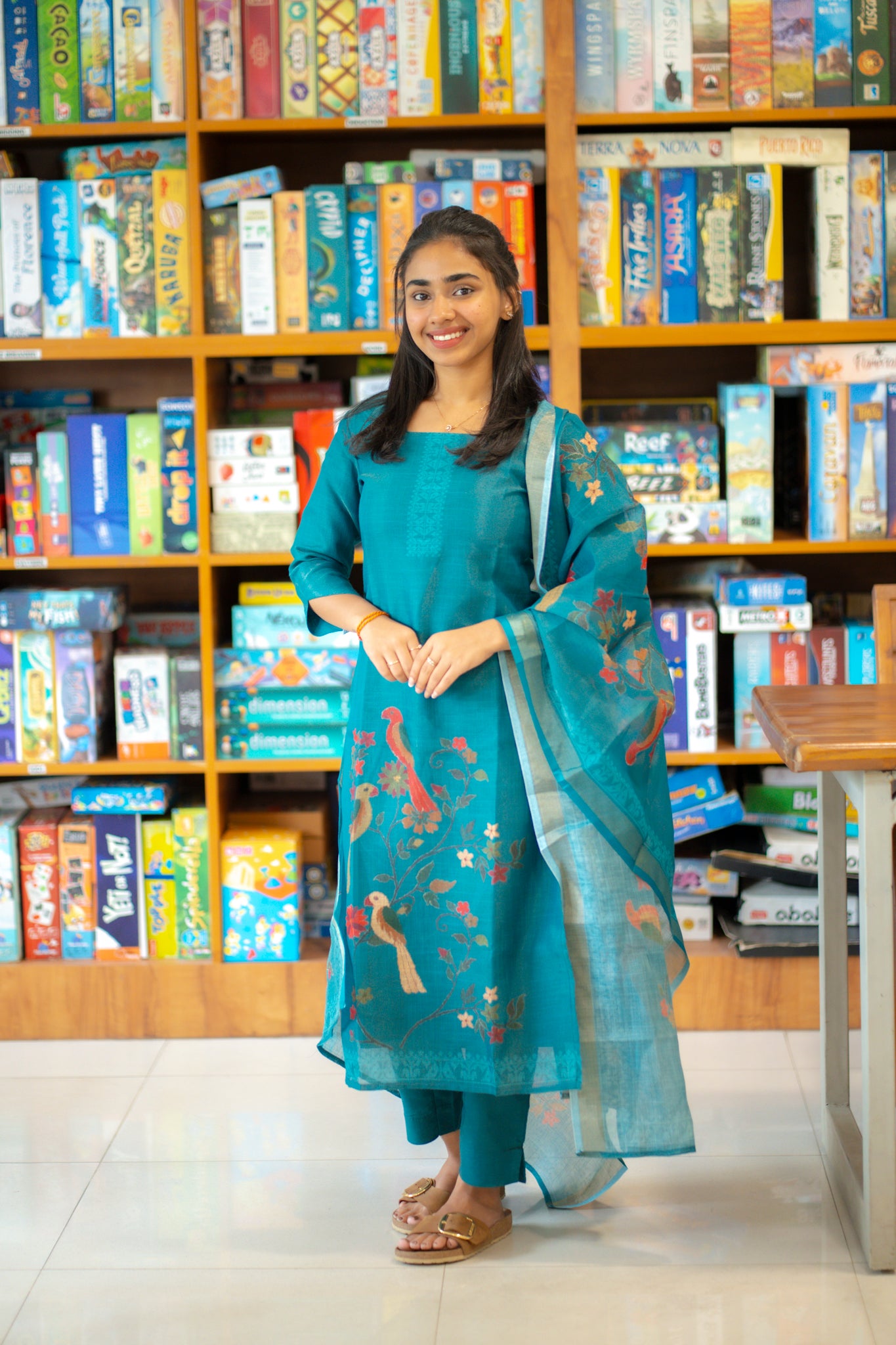 AA146 Peacock Blue Handloom Tissue Silk 3 pc Set(Parrot Design)