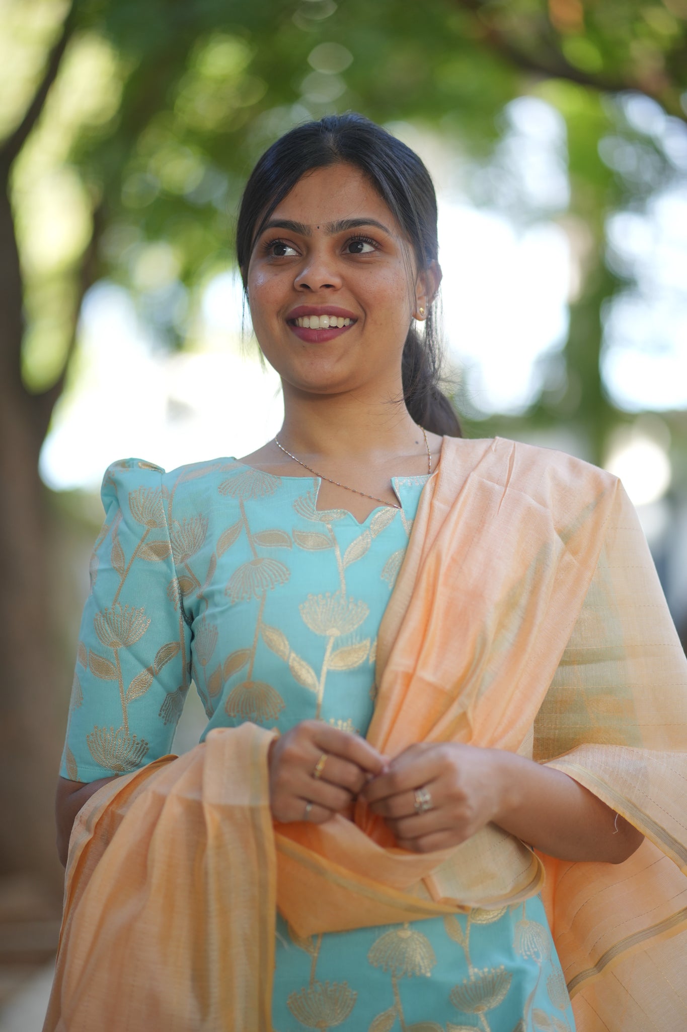 AA109 Blue with Peach Silk Kurti with Dupatta