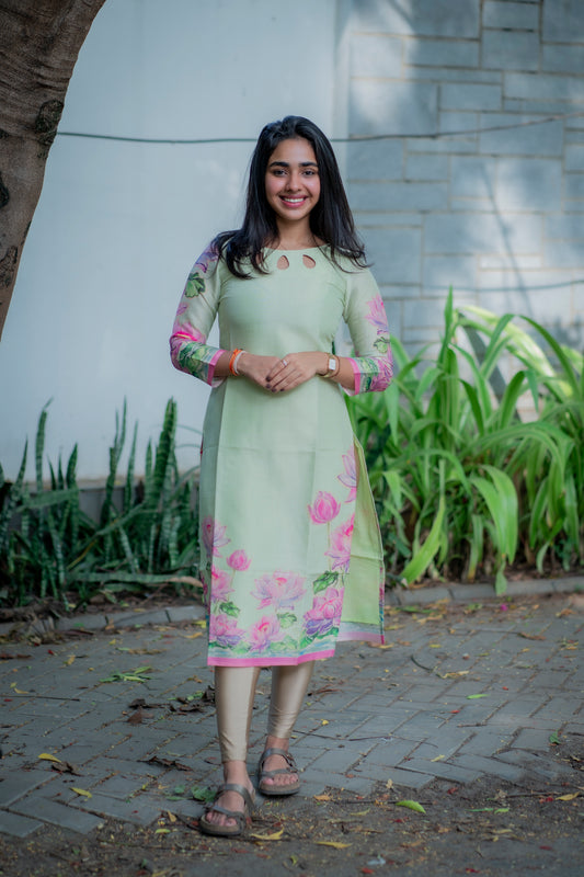 AA044 Apple Green Lotus Silk Kurti