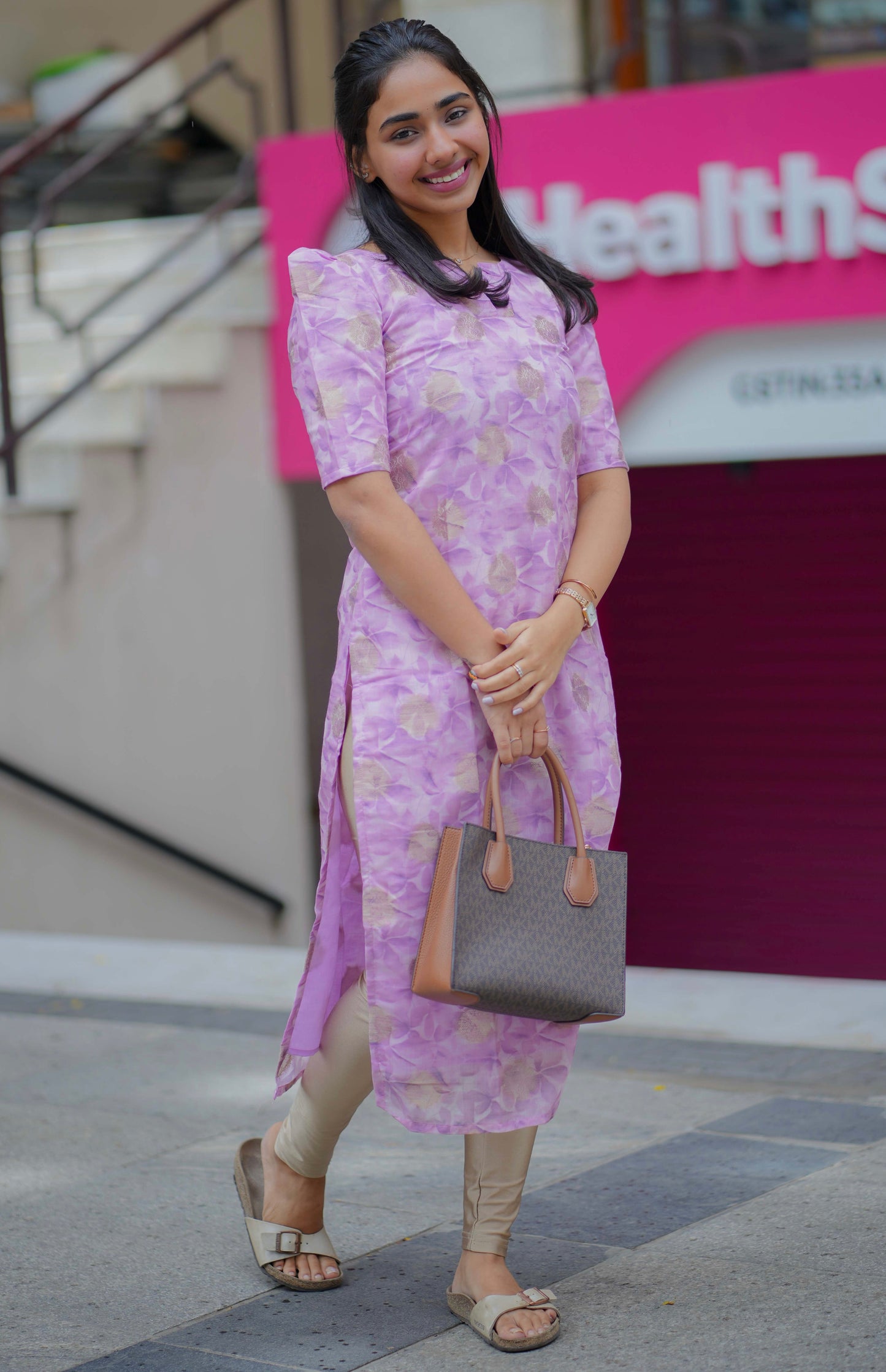 AA088 Lavender Floral with Golden Motifs Silk Kurti