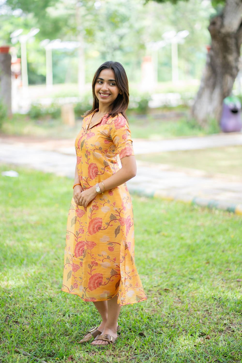 AA290 Marigold Floral Chiniya Silk Aline Dress