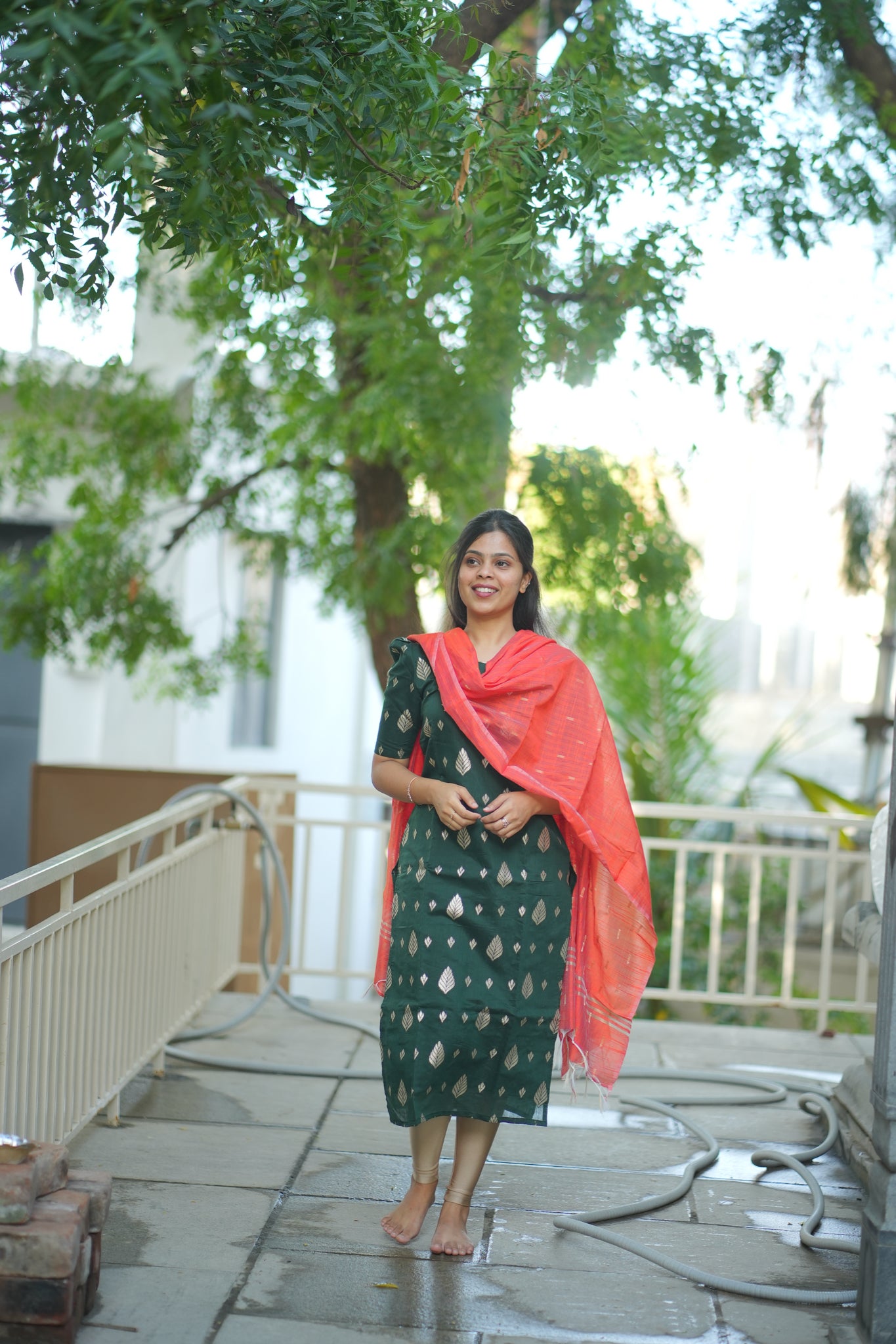 AA110 Bottle green Jacquard Silk Kurti with Red Orange Dupatta