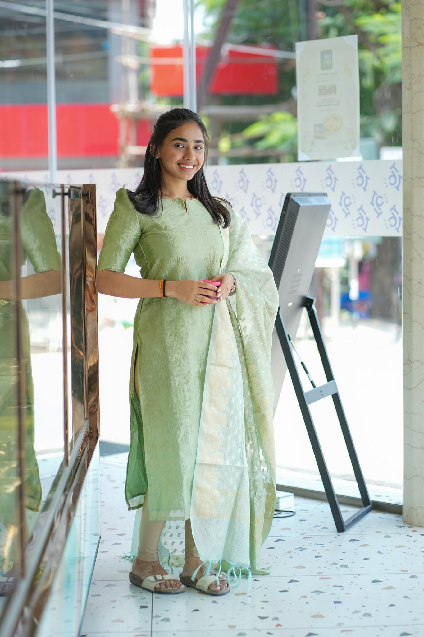 AA135 Pista Green Crush Silk Kurti with Dupatta