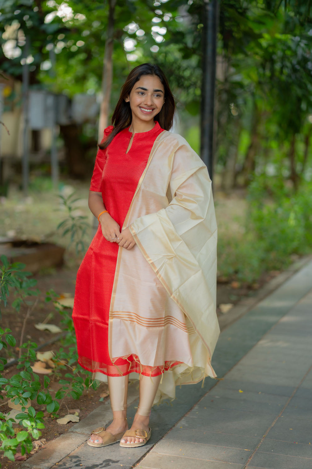 AA244 Red Checks Tissue Silk Kurti with Golden Dupatta