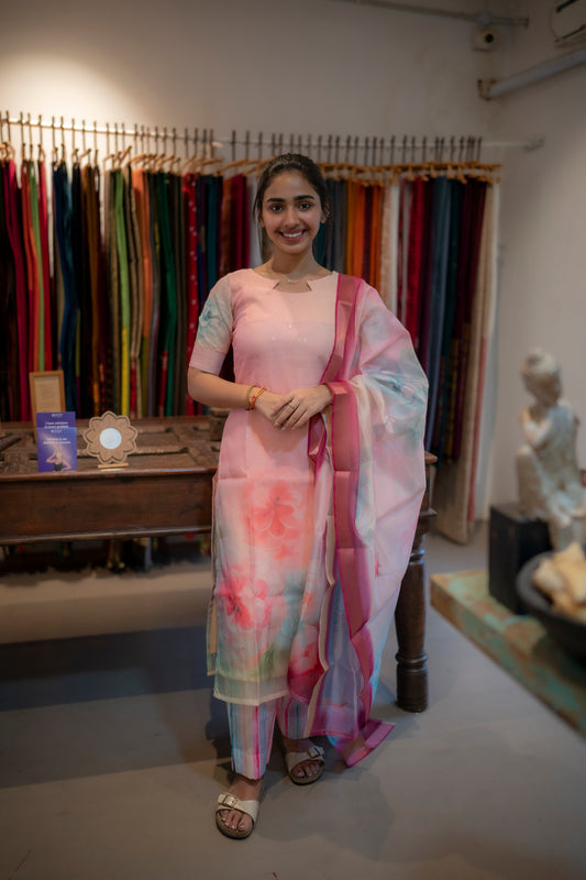 AA069 Flashy Floral Organza Top & Dupatta with Muslin Silk pant (3 Pc Set)