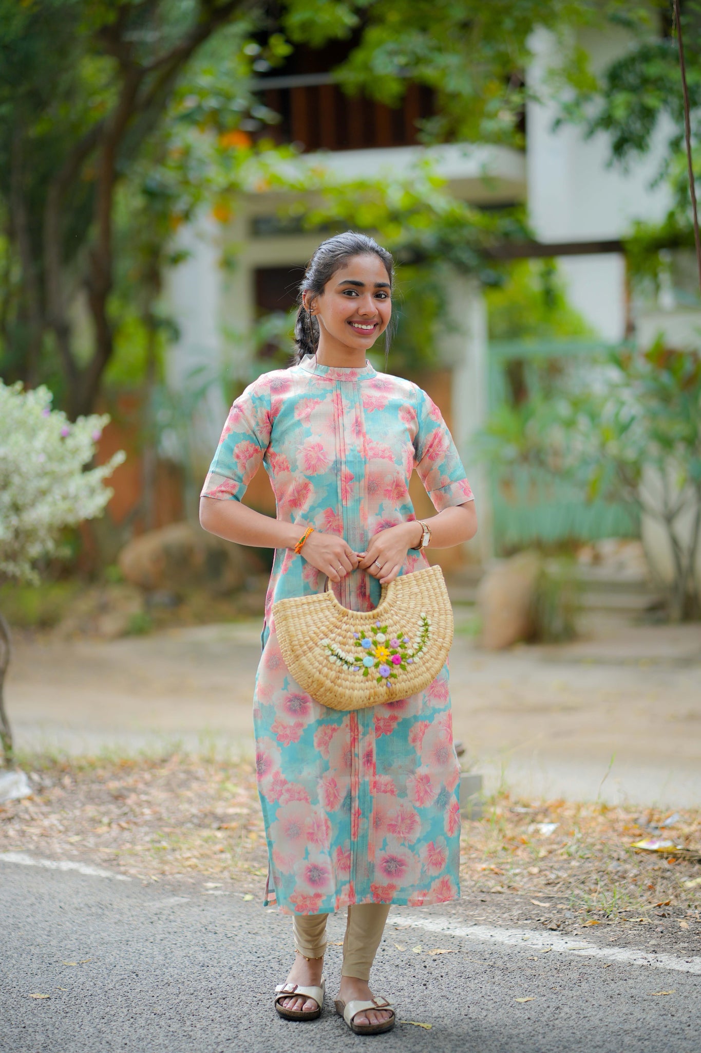 AA116 Blue Floral Linen Silk Kurti