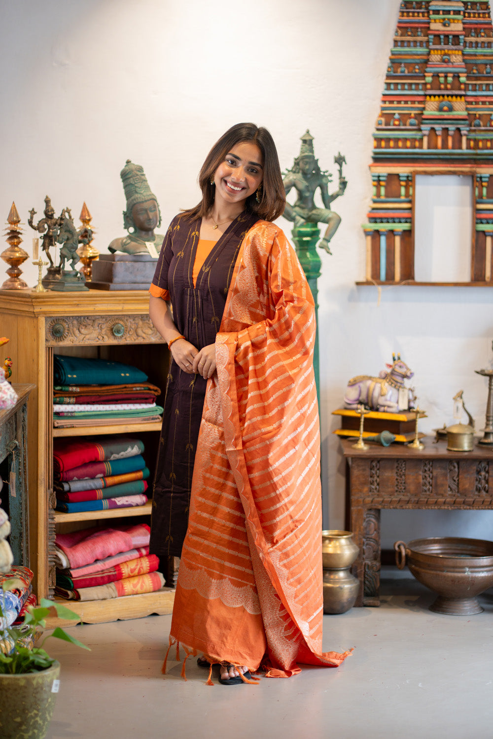 Brown Parrot Print Raw Silk Kurti & Pant with Orange Jacquard Silk Dupatta (Neck & Sleeve Patched with Orange Silk Fabric)