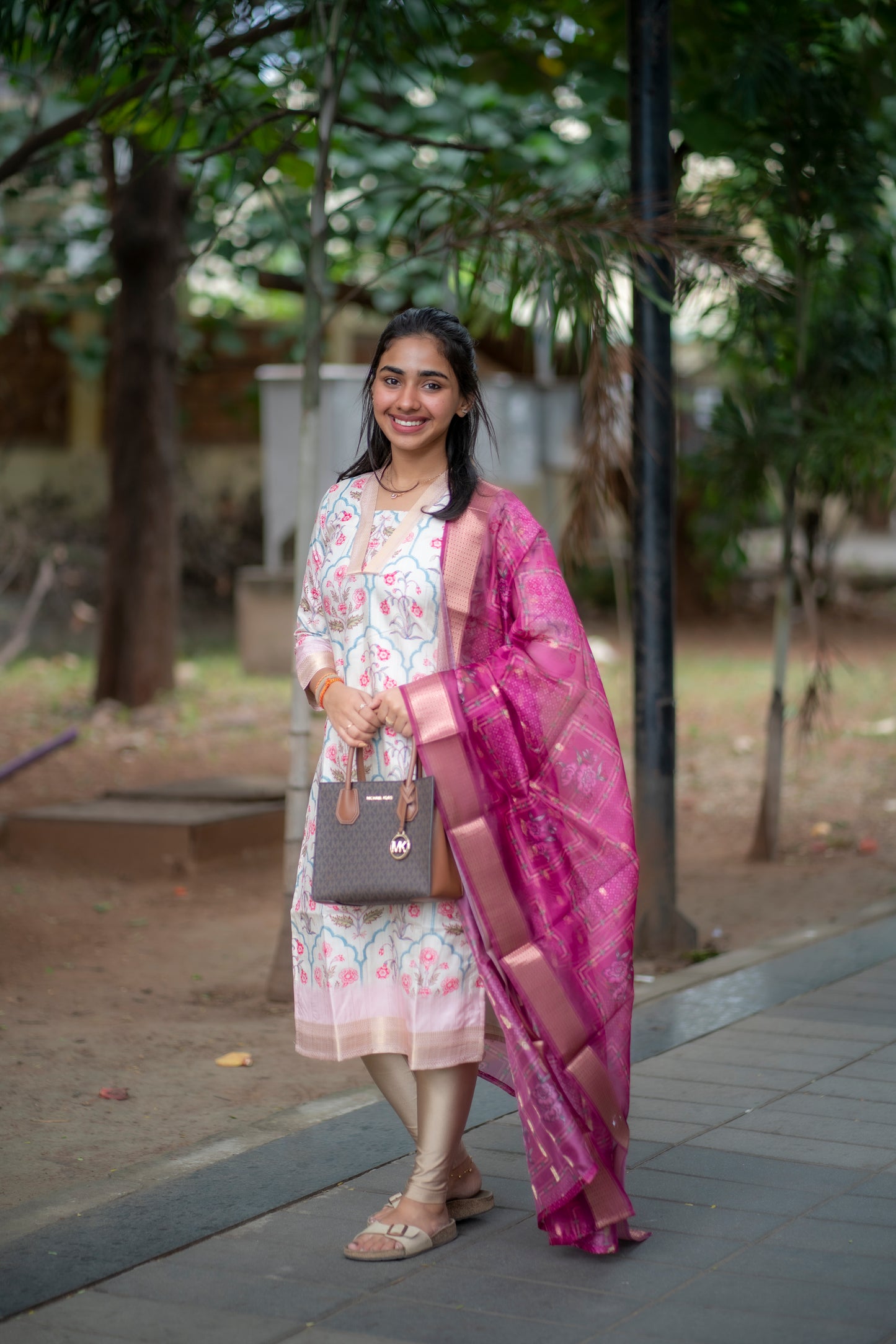 AA083 White Floral Silk Kurti with Organza Dupatta