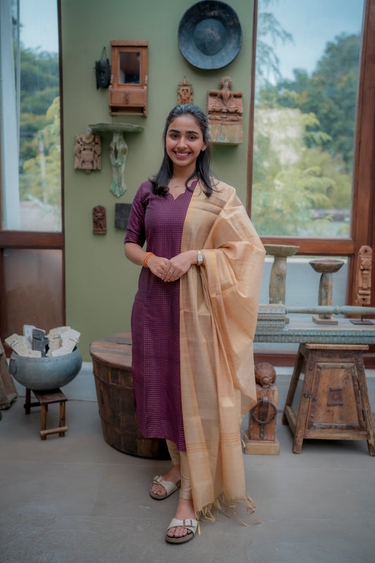 AA074 Wine Checks Raw Silk Kurti with Tissue Silk Dupatta