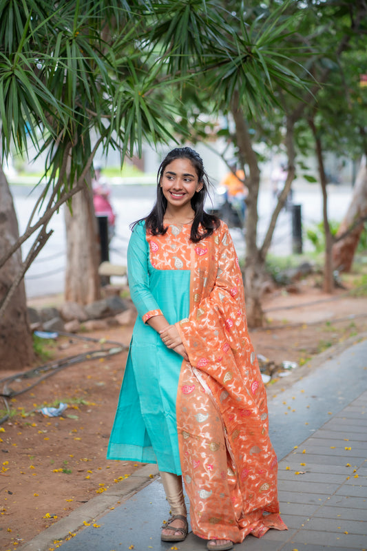 AA097 Blue Raw silk Kurti with Orange Jacquard Dupatta