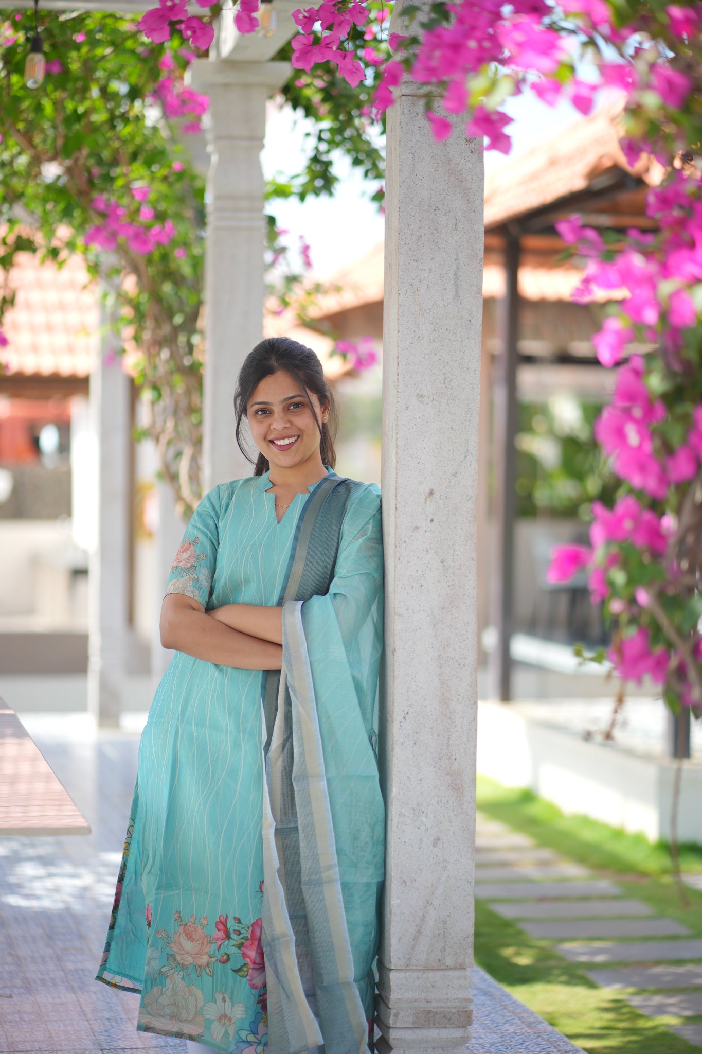 AA113 Blue Lines Tissue Silk Kurti with Dupatta