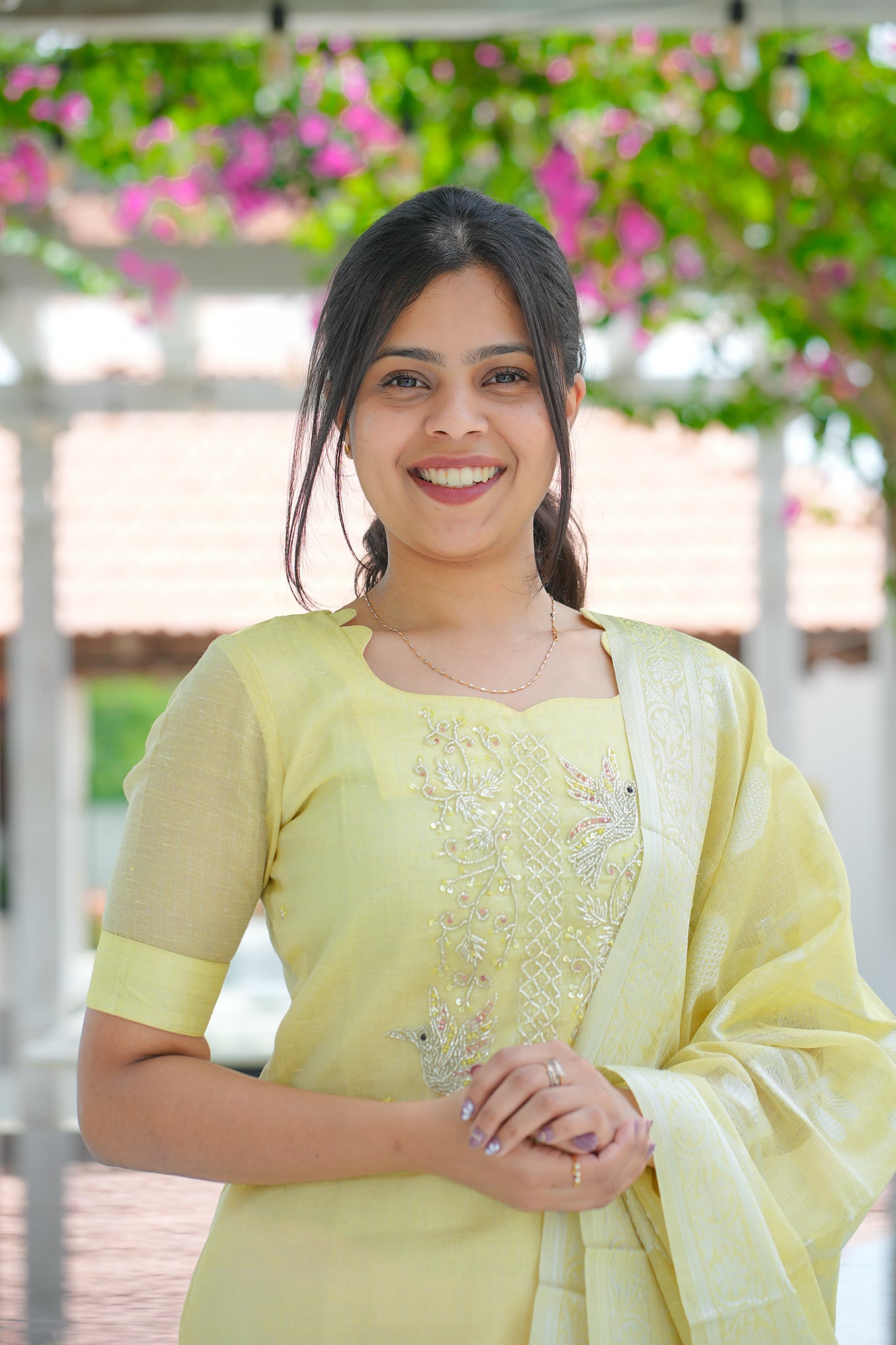 AA127 Pastel Yellow with pink combo Bead Work Tissue Silk 3 Pc Set