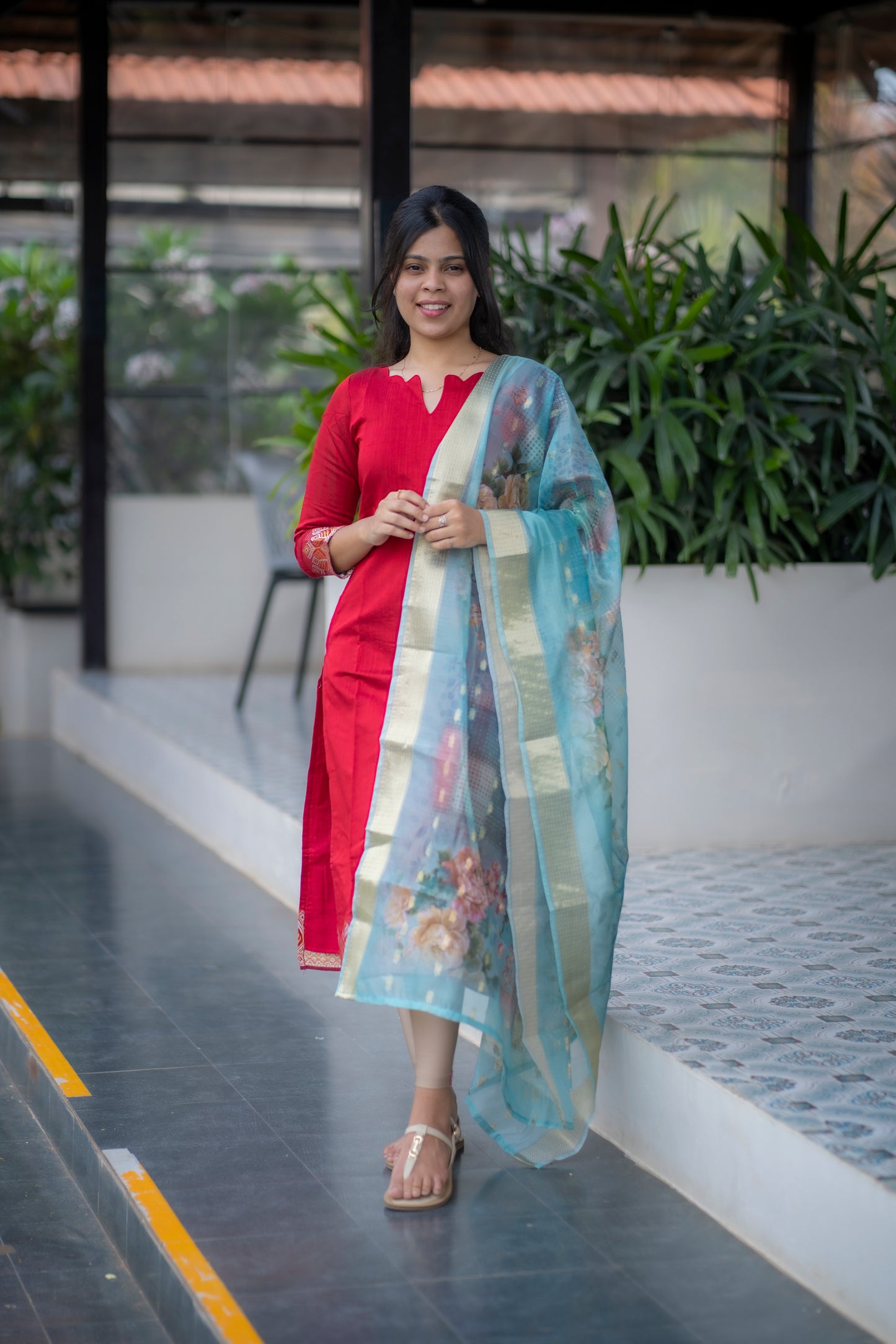 AA066 Red Silk Top with Blue Organza Shawl