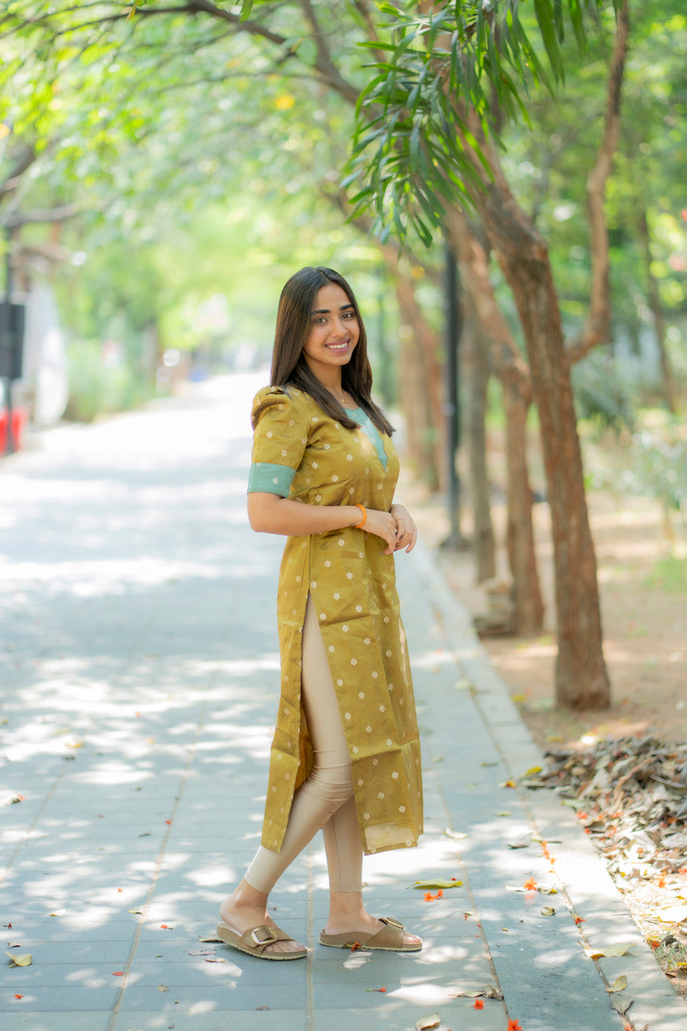 AA181A Mustard with Teal Blue Combo Shimmer Silk Kurti(Warning:Don’t Iron Directly)