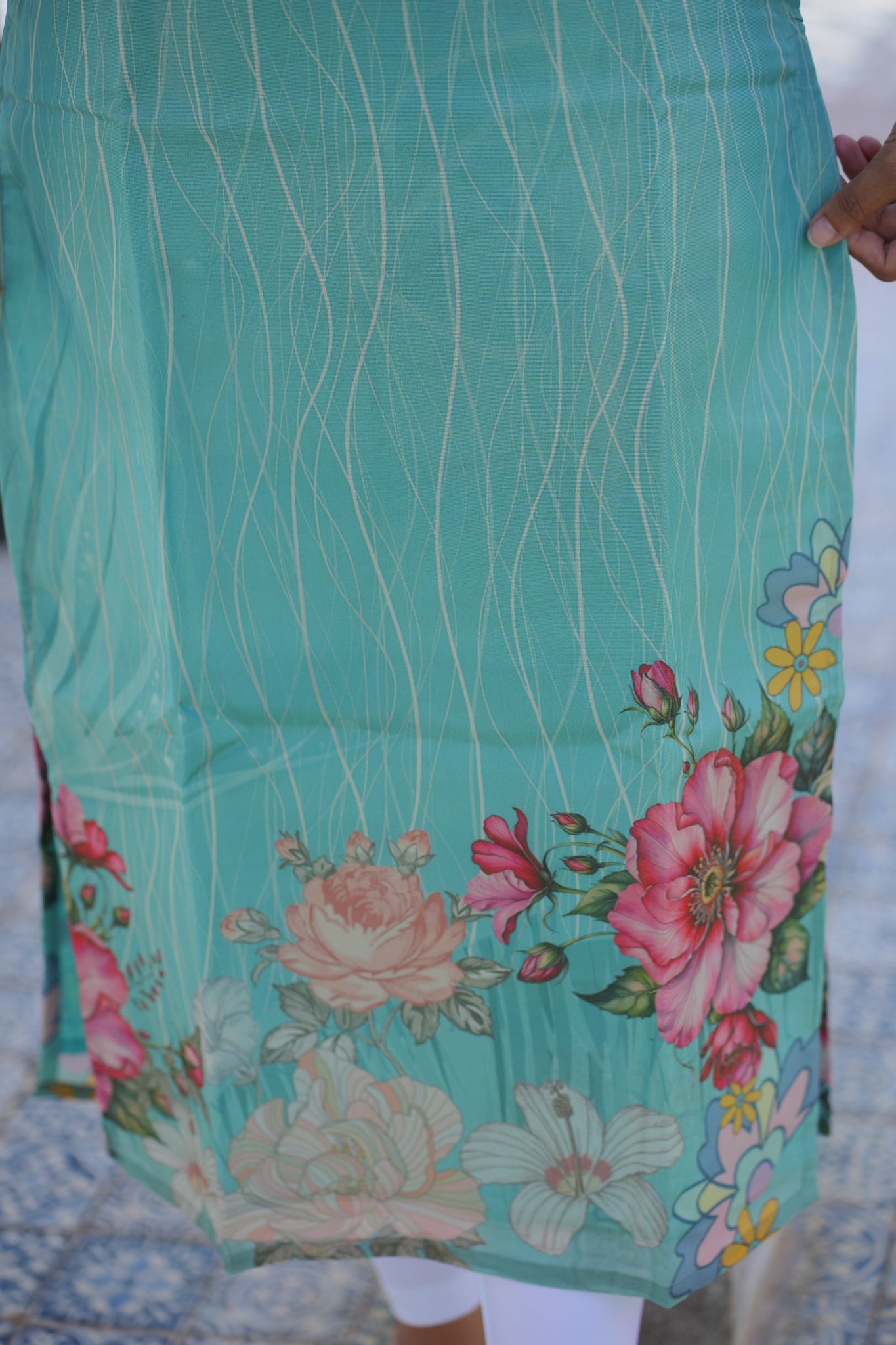 AA113 Blue Lines Tissue Silk Kurti with Dupatta