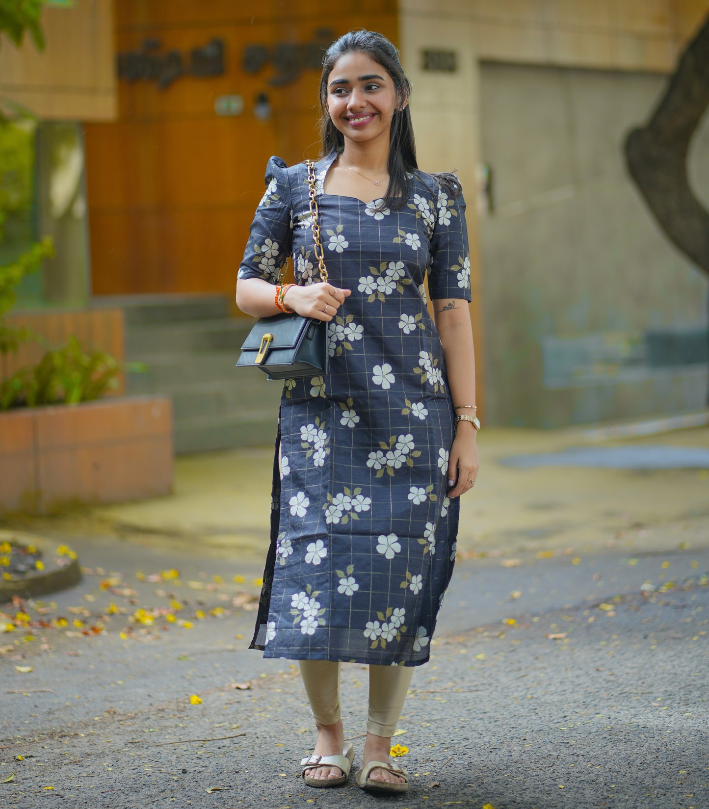 AA085 Black Checks Floral Tussar Silk Kurti