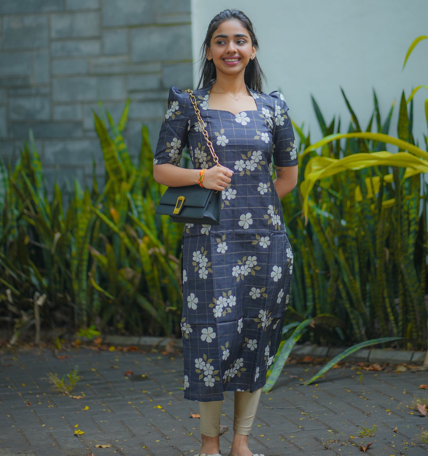 AA085 Black Checks Floral Tussar Silk Kurti