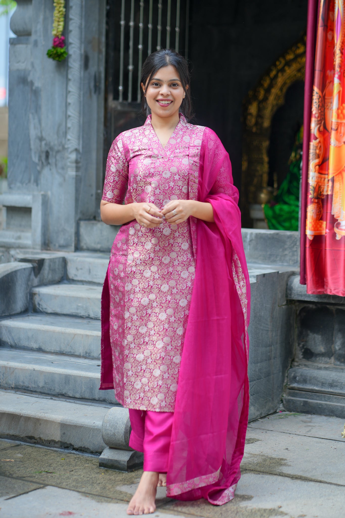 AA125 Rani Pink Brocade Silk(3 PC set )with Organza Dupatta