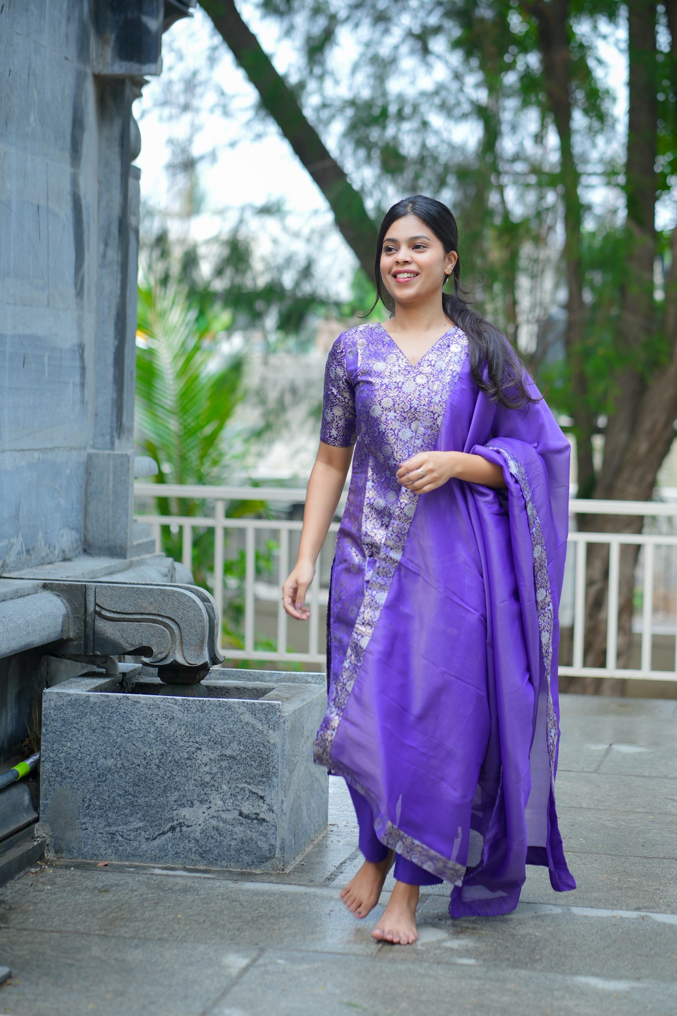 AA-125A Dark Violet Brocade Silk (3 pc Set) with Shimmer Silk Dupatta
