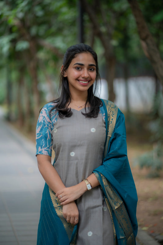 AA072 Grey Raw Silk Top with Peacock Blue Dupatta