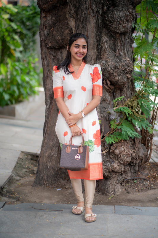 AA080 White with Orange Combo Silk floral kurti