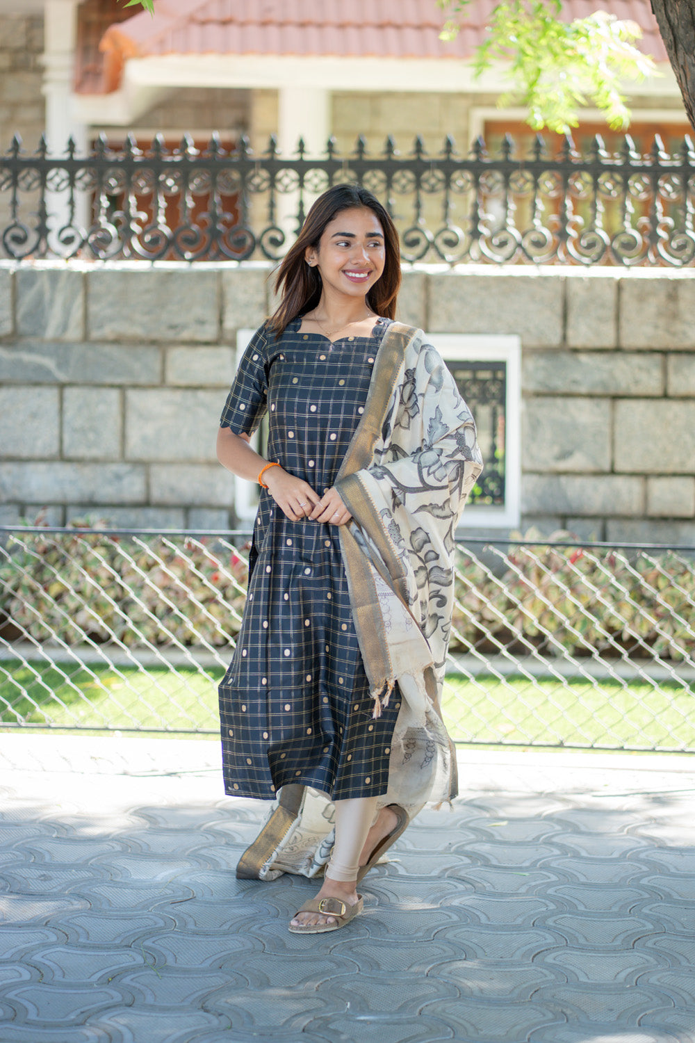 AA261 Black Checks Raw Silk Kurti with Kalmkari Dupatta