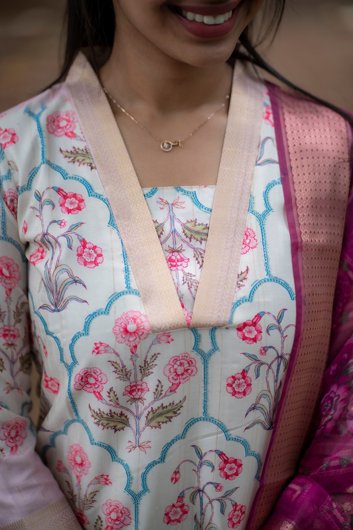 AA083 White Floral Silk Kurti with Organza Dupatta