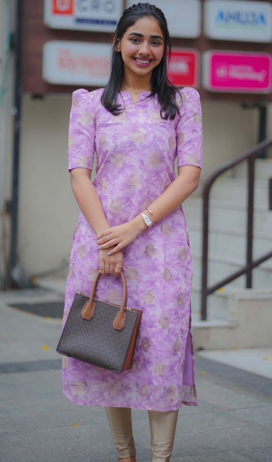 AA088 Lavender Floral with Golden Motifs Silk Kurti