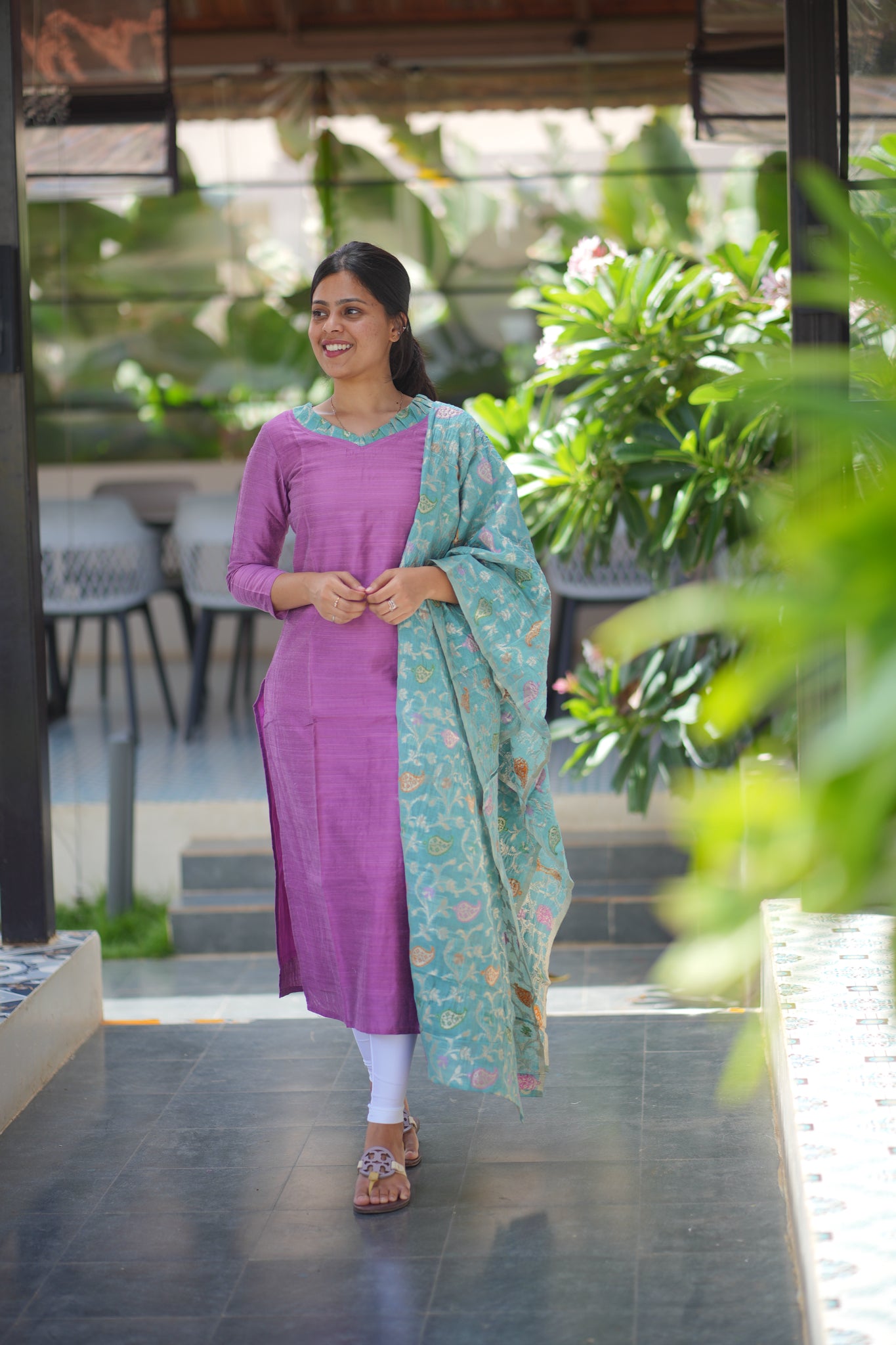 AA111 Lavender Raw Silk Kurti With Blue Jacquard Dupatta