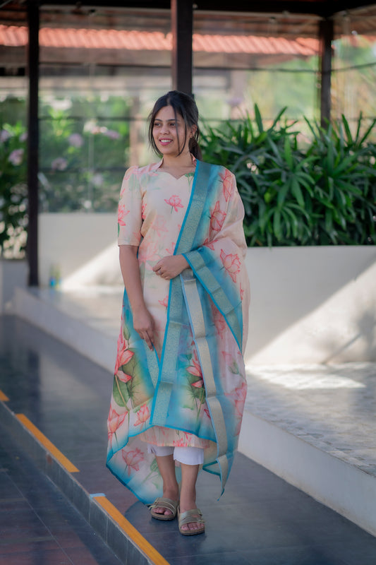 AA035 Golden Tissue Silk Kurti with Dupatta