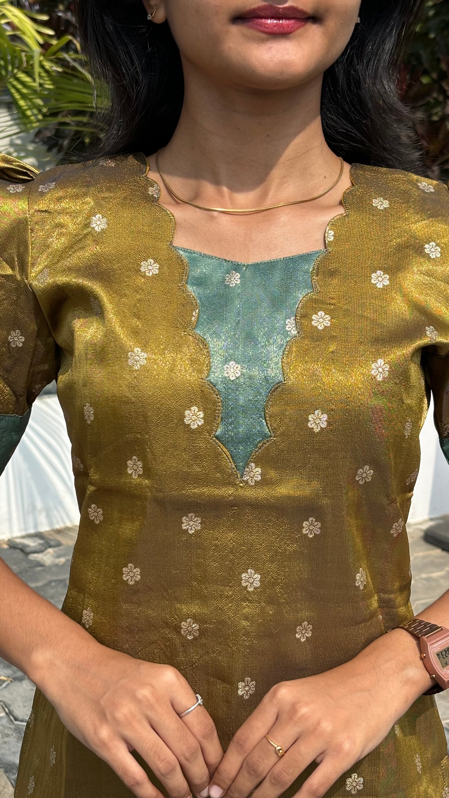 AA181 Mustard with Teal Blue Combo Shimmer Silk Kurti(Warning:Don’t Iron)