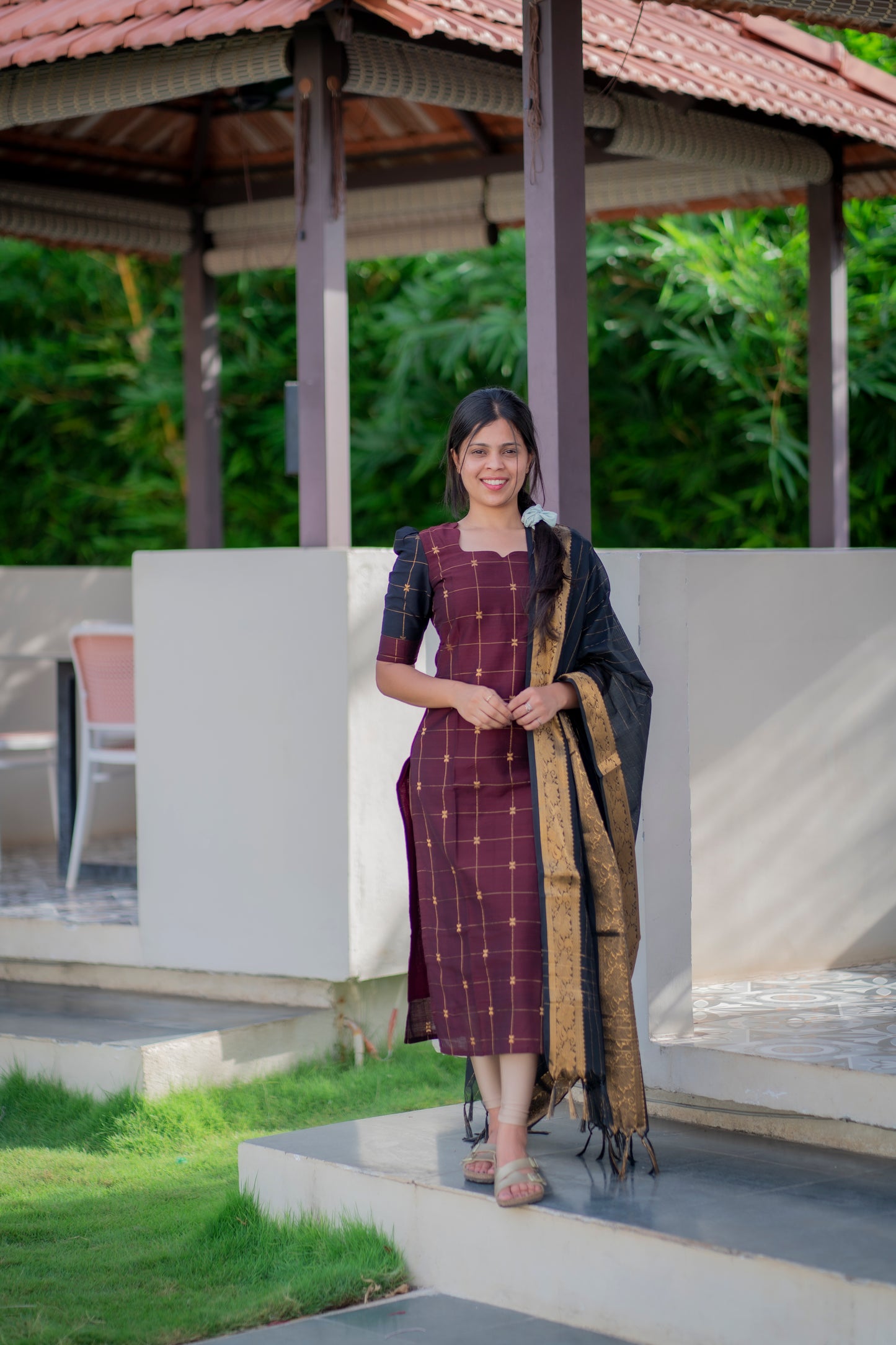 AA056 Brown with Black Silk Kurti with Dupatta