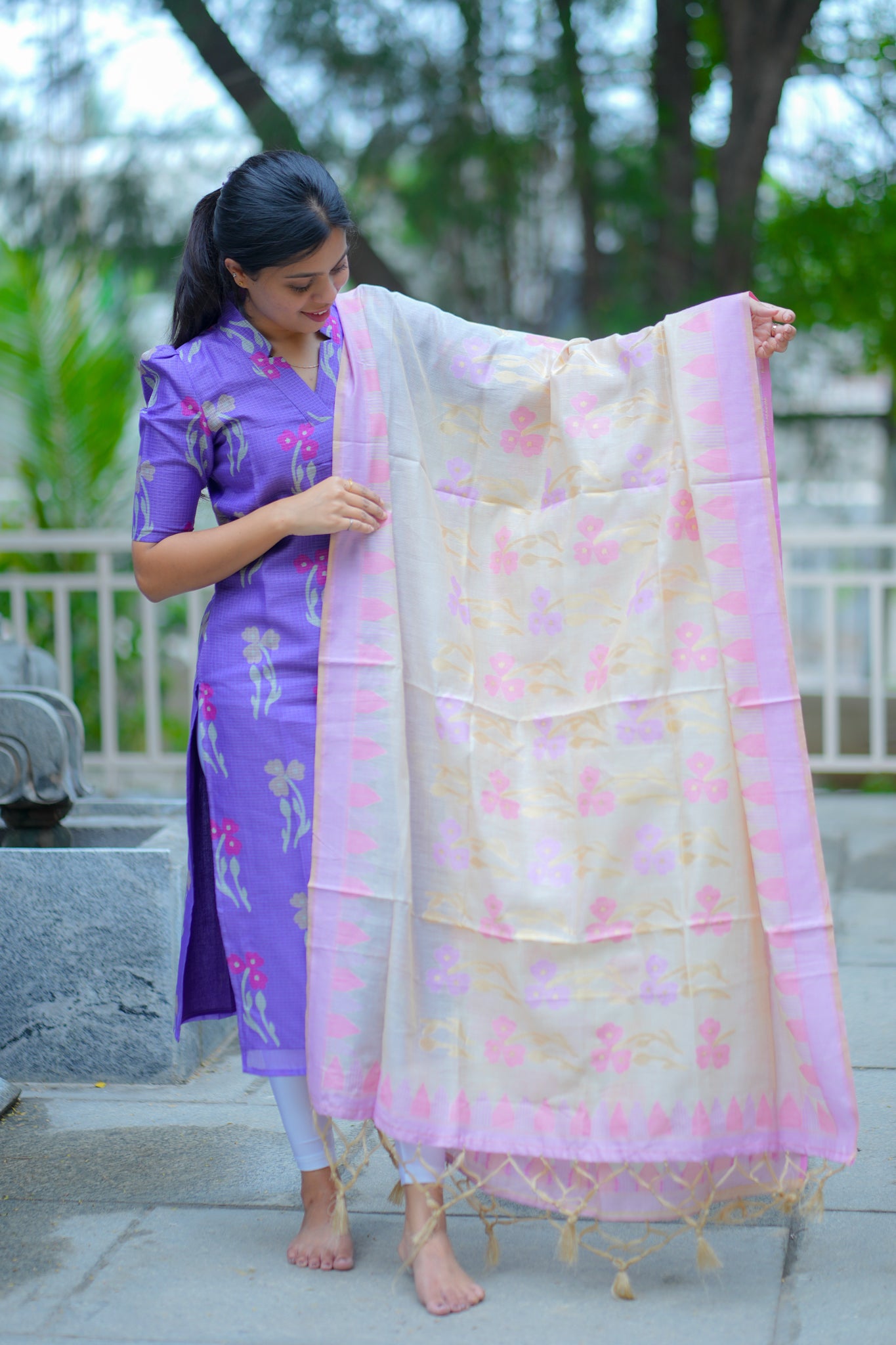 AA123 Lavender Kota Kurti with Lilac & Pink Jacquard Silk Dupatta