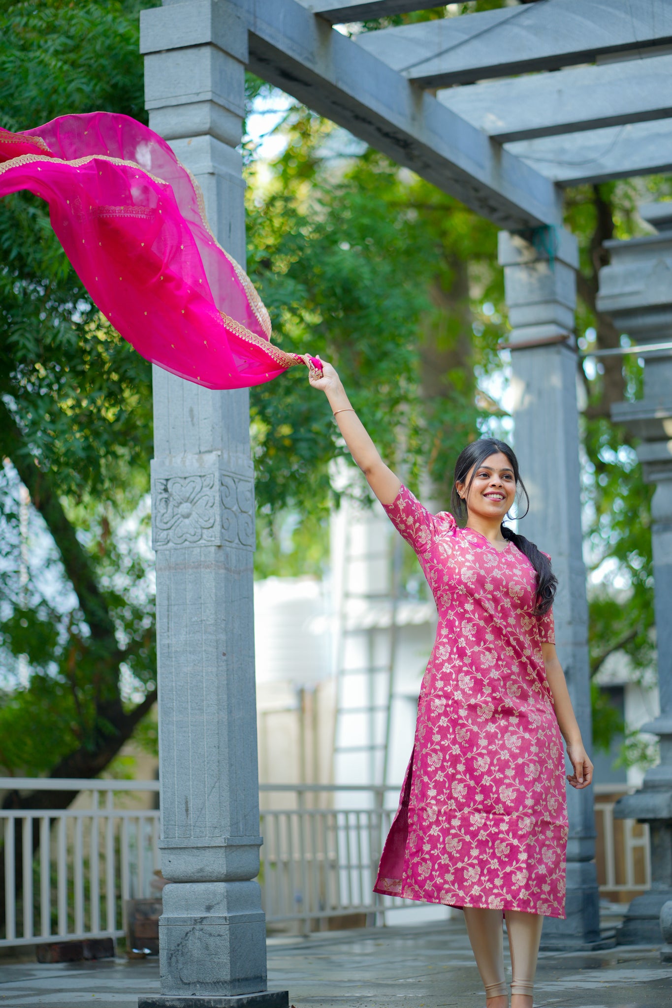 AA106 Hot Pink Tissue Brocade  Silk kurti with Designer Organza  Dupatta