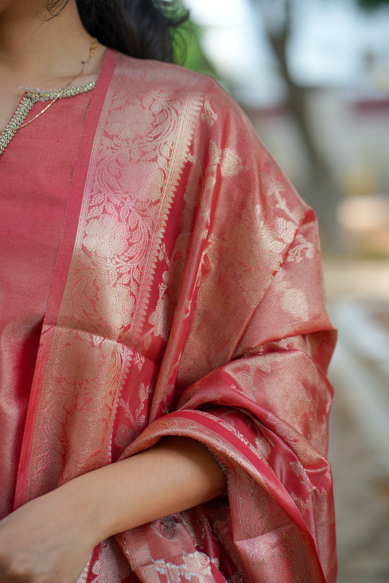 AA124 Rust Red Tissue Silk kurti with Brocade Silk Dupatta