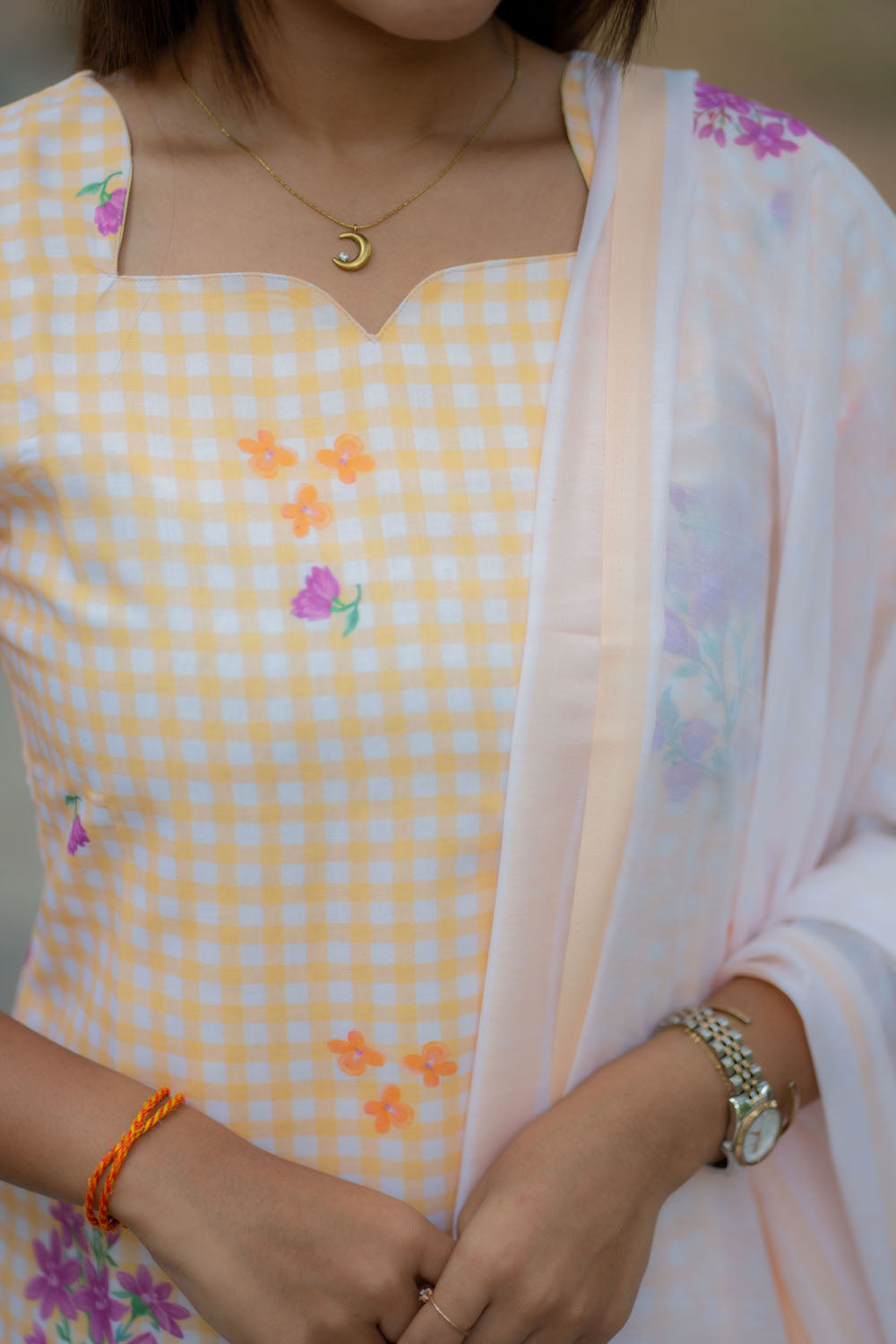 AA247 Yellow with White Checks Floral Cambric Cotton Salwar set
