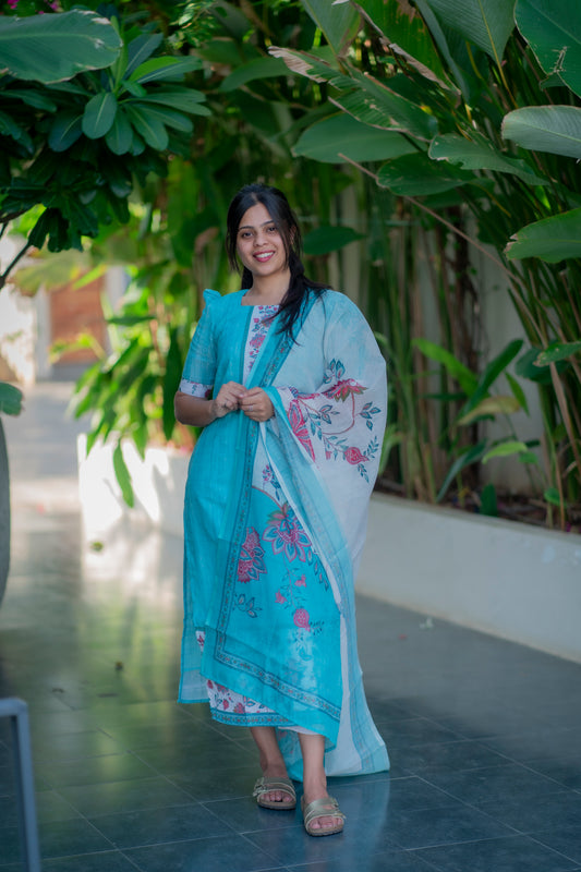 AA039 Blue Chanderi Silk Kurti with Duppata