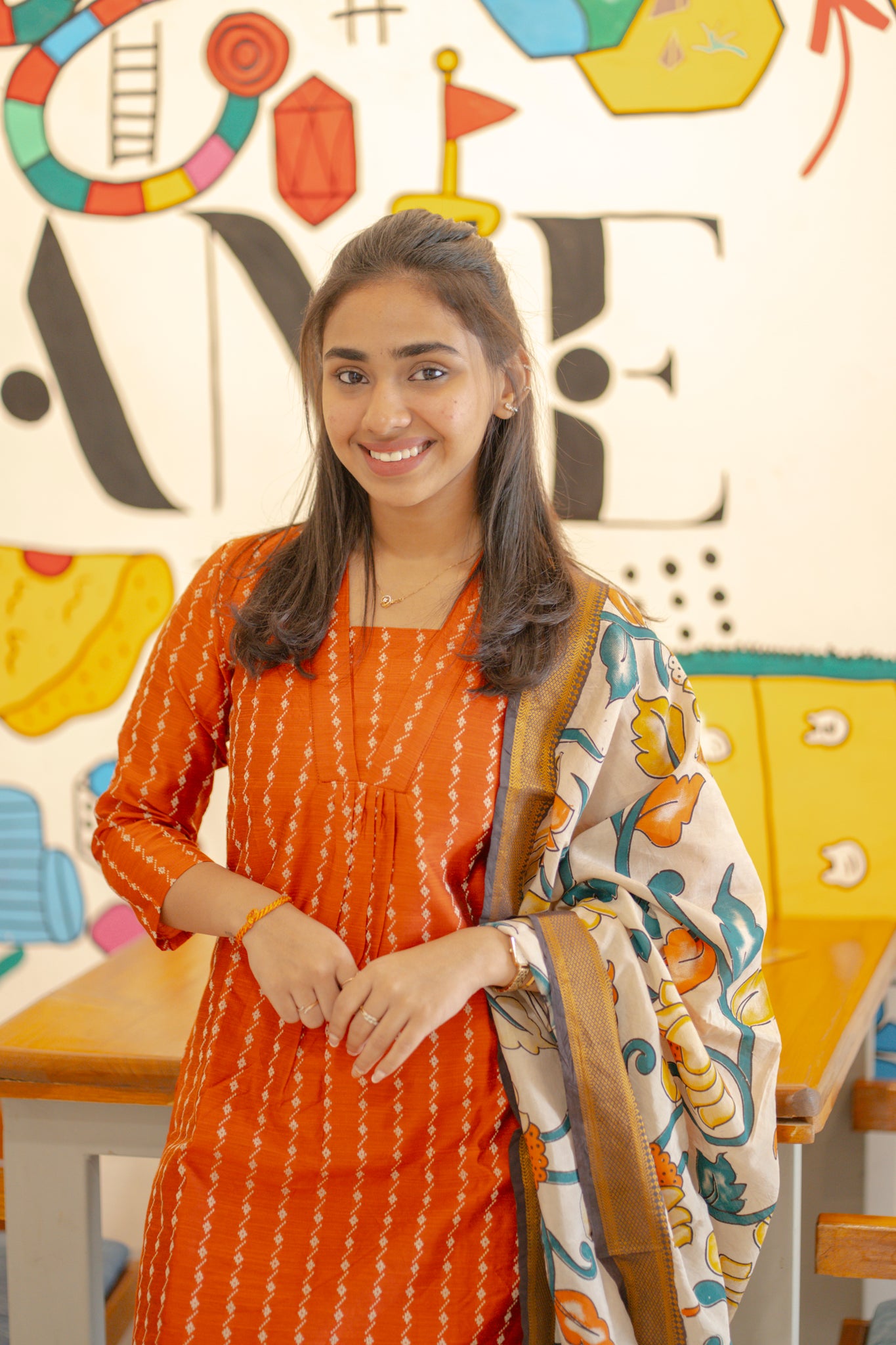 AA140 Orange Raw Silk Kurti with Kalamkari Dupatta