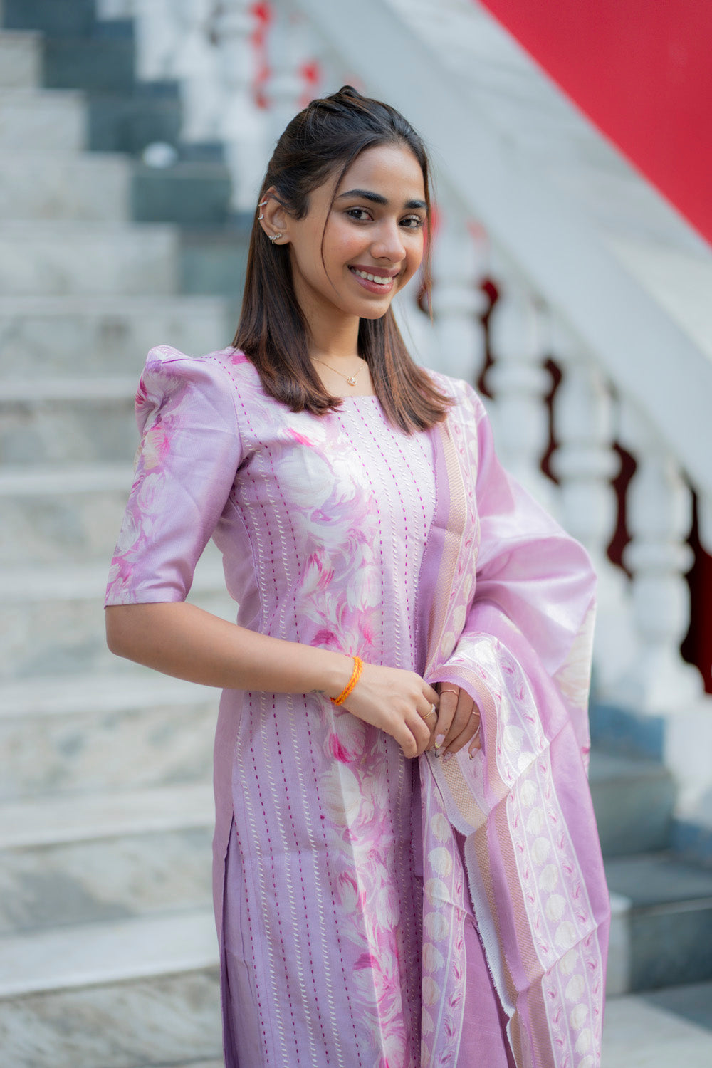AA235 Lavender Floral Tussar Silk 3 Pc Set