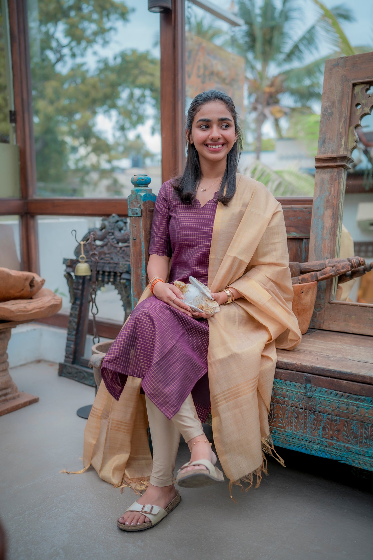 AA074 Wine Checks Raw Silk Kurti with Tissue Silk Dupatta