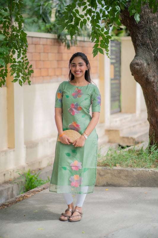 AA096 Pastel Green Floral Organza Kurti