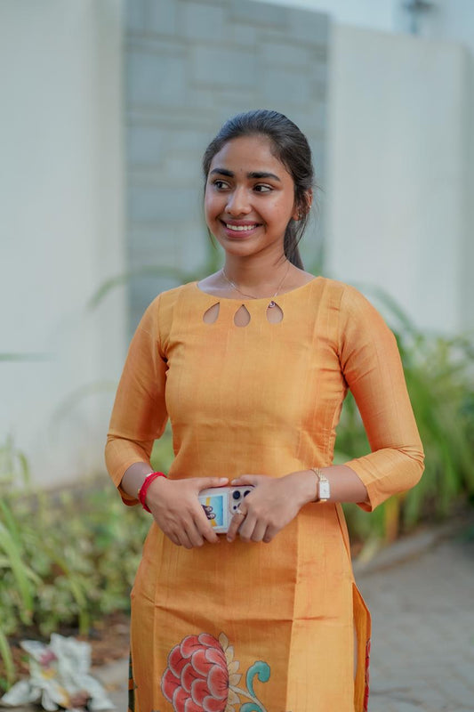 AA006 Mustard Yellow Tissue Silk Kurti