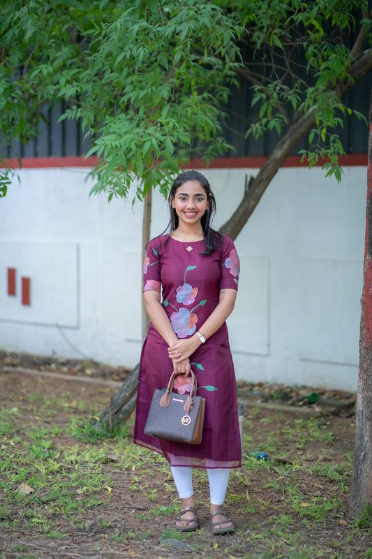 AA102 Plum Floral Organza Kurti