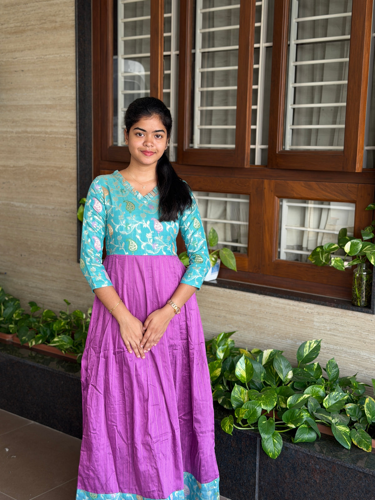 AA304 Maxi-Blue Jacquard Brocade Silk with Multicolour Zari in Yoke part combined with Purple full flared Skirt