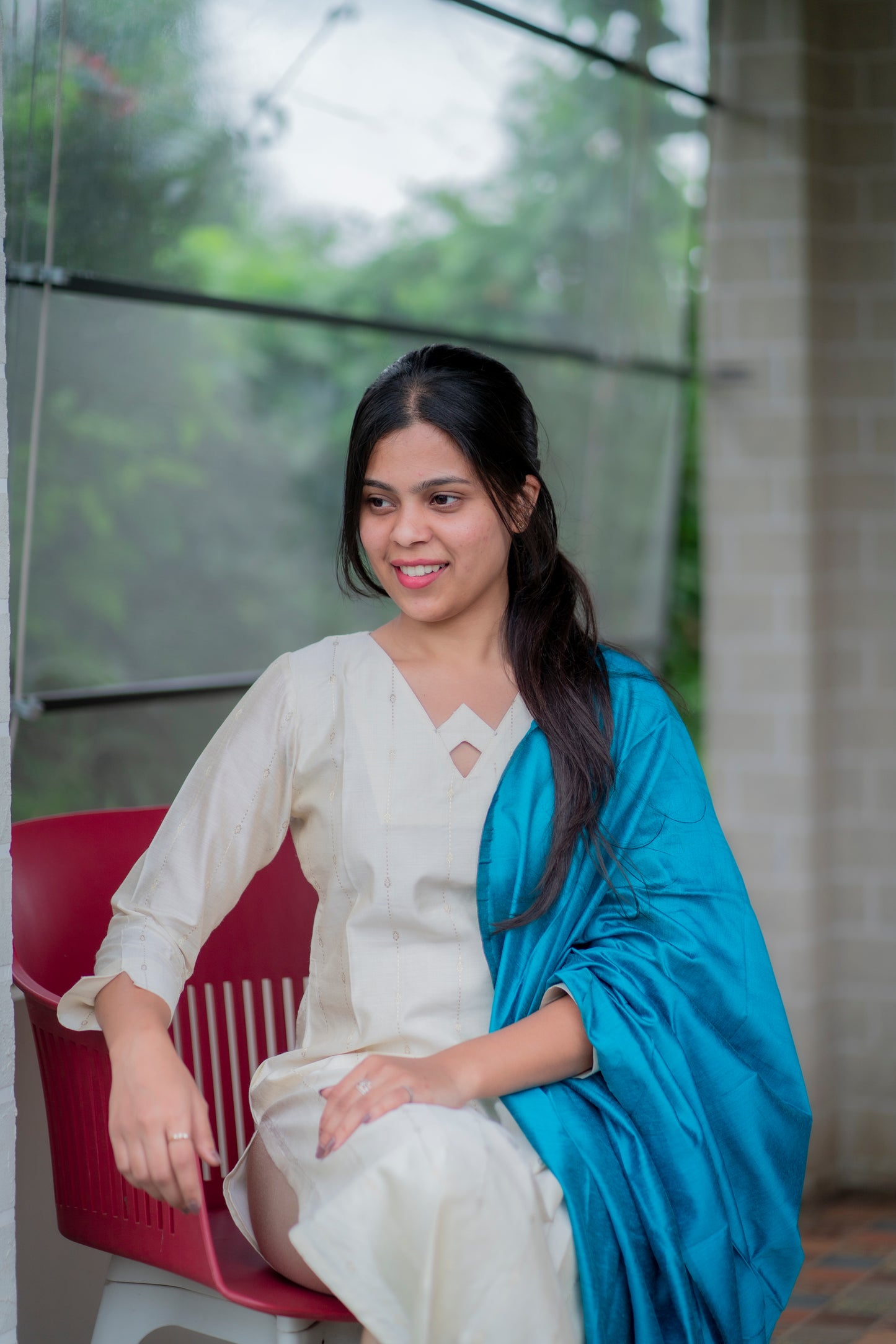 AA065 White with Golden Stripes Silk Kurti with Peacock Blue Dupatta